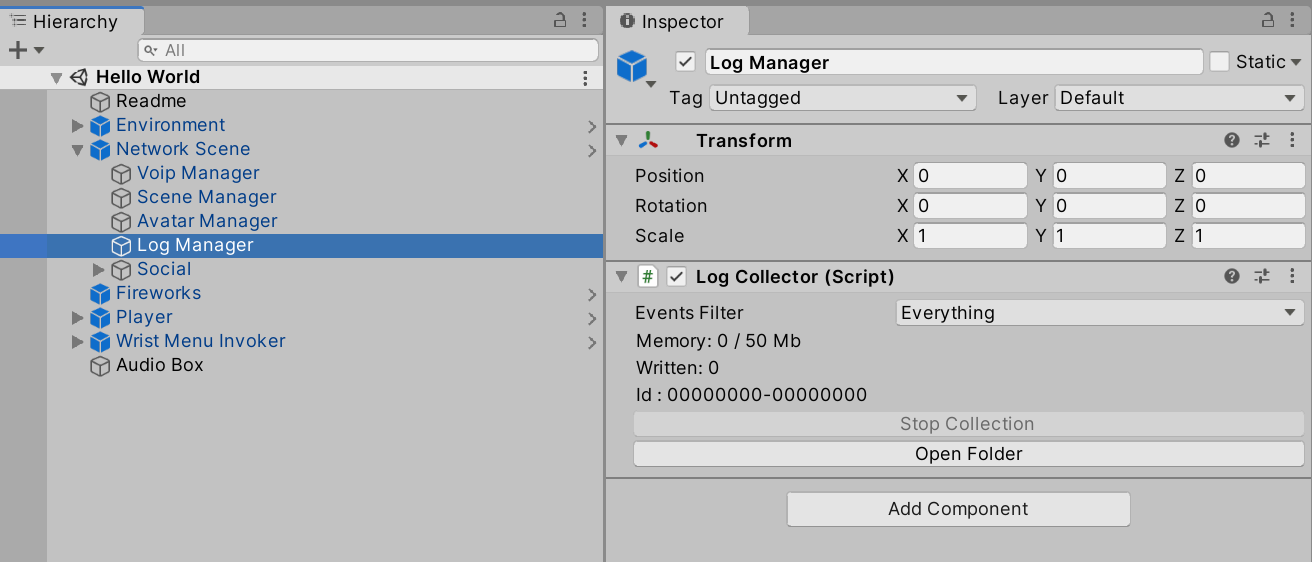 LogManager Attached to a NetworkScene Hierarchy